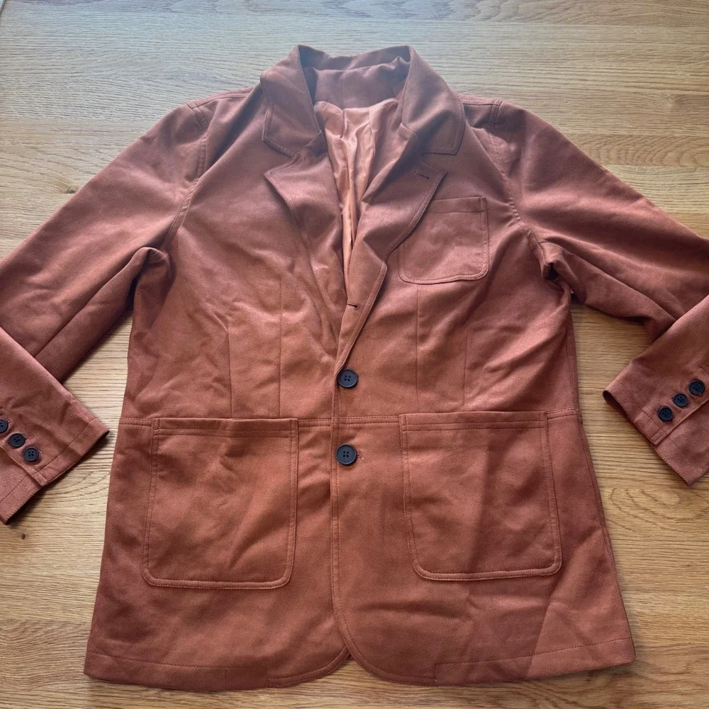 Mens Faux Suede Two Button Blazer Jacket Rust Brown Large Patch Pockets Lined